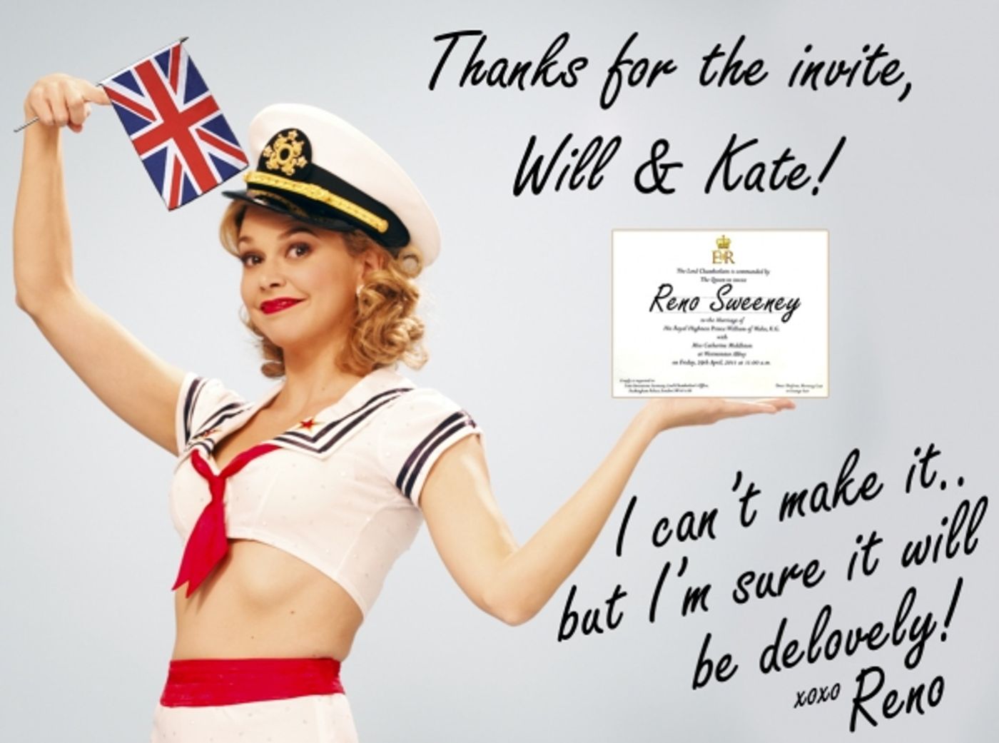 Photo Flash: Reno Sweeney of ANYTHING GOES Sends Regards to the Royal Wedding!  Image