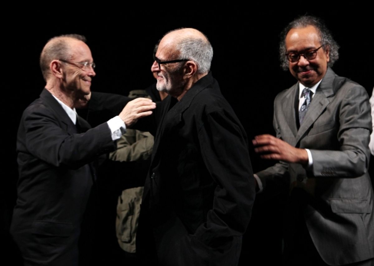 Joel Grey, Larry Kramer, George C. Wolfe attending the Broadway Opening Night Performance  for 'The Normal Heart' in New York City. at 