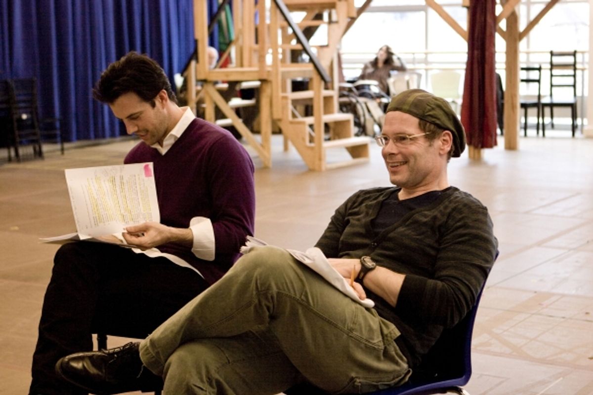 Lorenzo Pisoni and Michael Hayden in rehearsal for the Shakespeare in the Park production of All's Well That Ends Well, directed by Daniel Sullivan, running in repertory at the Delacorte Theater June 6 - July 30.  Photo credit: Nella Vera. at 