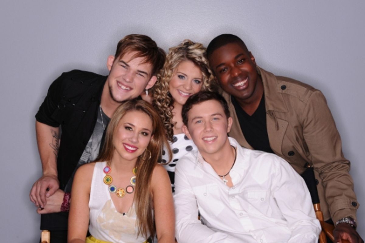 James Durbin, Lauren Alaina, Jacob Lusk, Scotty McCreery and Hayley Reinhart. CR: Michael Becker / FOX. at 