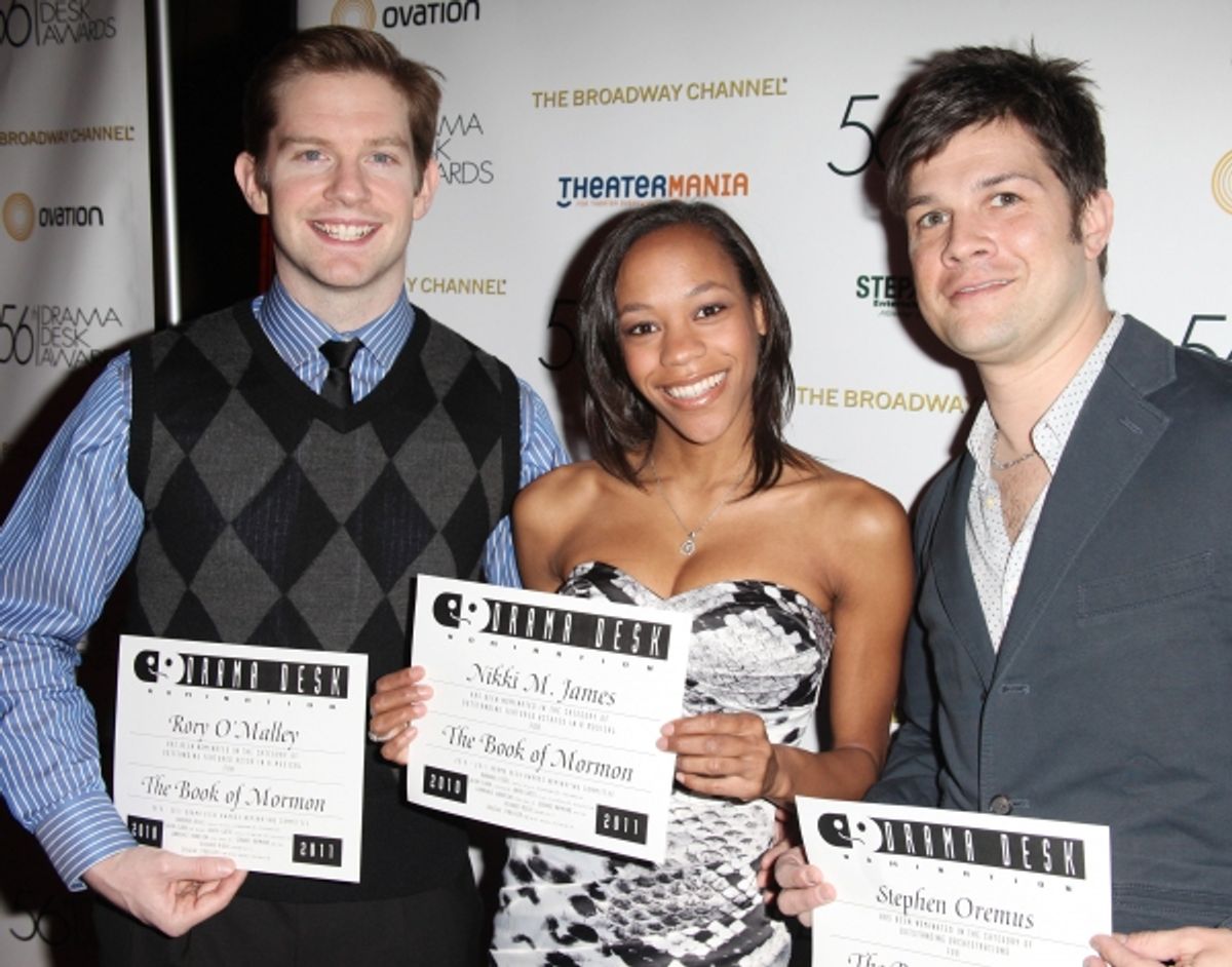 Rory O'Malley & Nikki M. James & Stephen Oremus attending the 56th Annual Drama Desk Award Nominees Reception at Bombay Palace in New York City. at 
