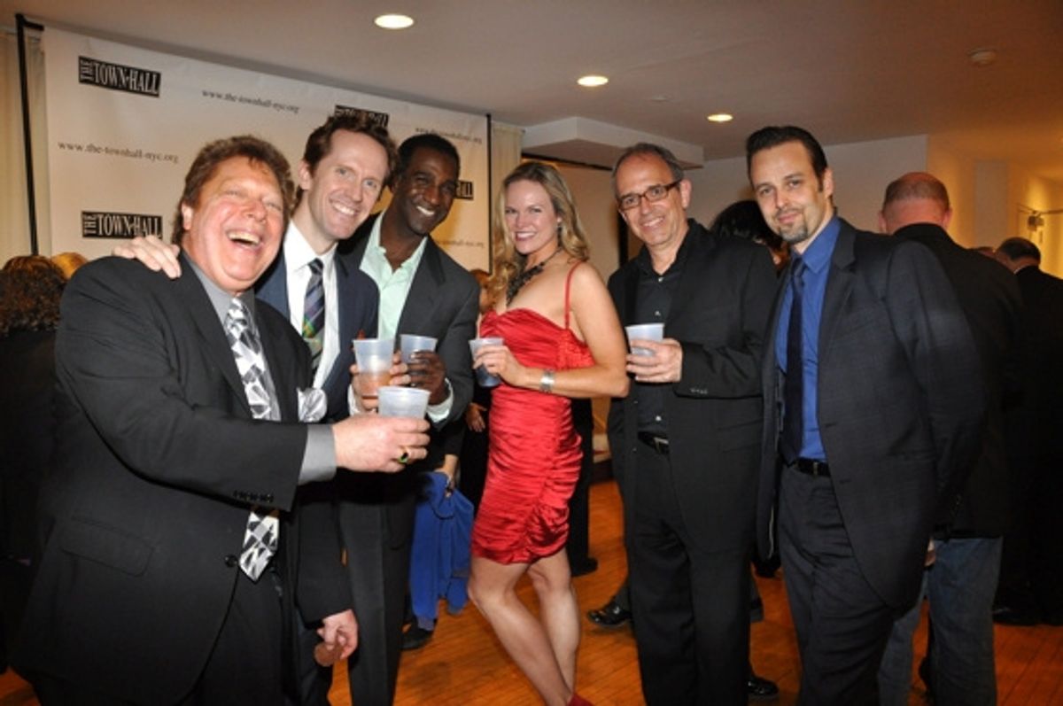 Toasting Town Hall's 90th, Robert R. Blume, Jeffry Denman, Norm Lewis, Ross Patterson and Noah Racey at 