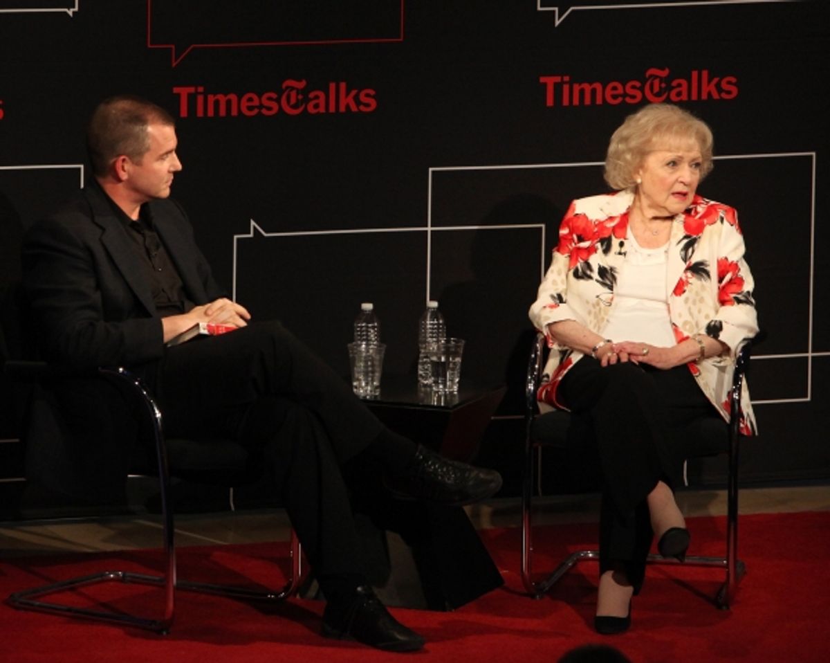 Frank Bruni & Betty White attending the Times Talks with Betty White & Michael Stipe at Times Center in New York City. at 