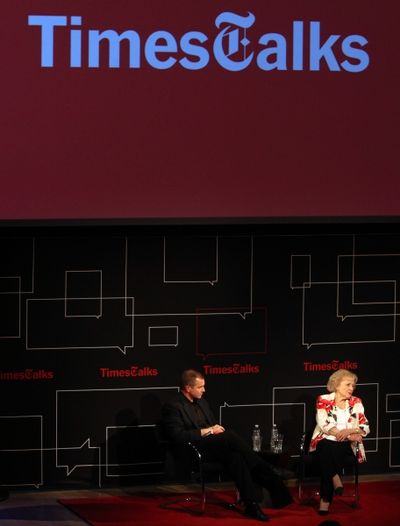 Frank Bruni & Betty White attending the Times Talks with Betty White & Michael Stipe  Photo