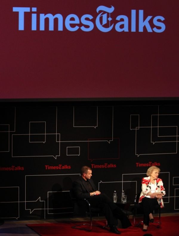 Frank Bruni & Betty White attending the Times Talks with Betty White & Michael Stipe  Photo