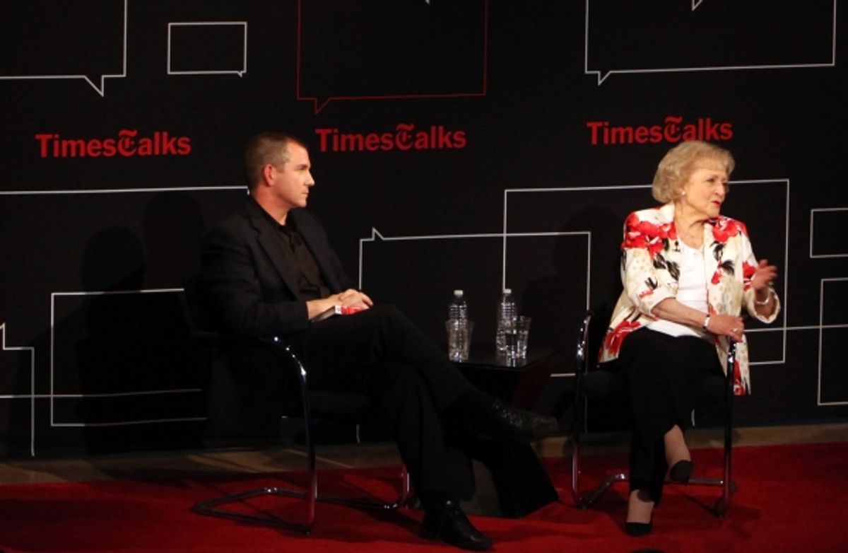 Frank Bruni & Betty White attending the Times Talks with Betty White & Michael Stipe at Times Center in New York City. at 
