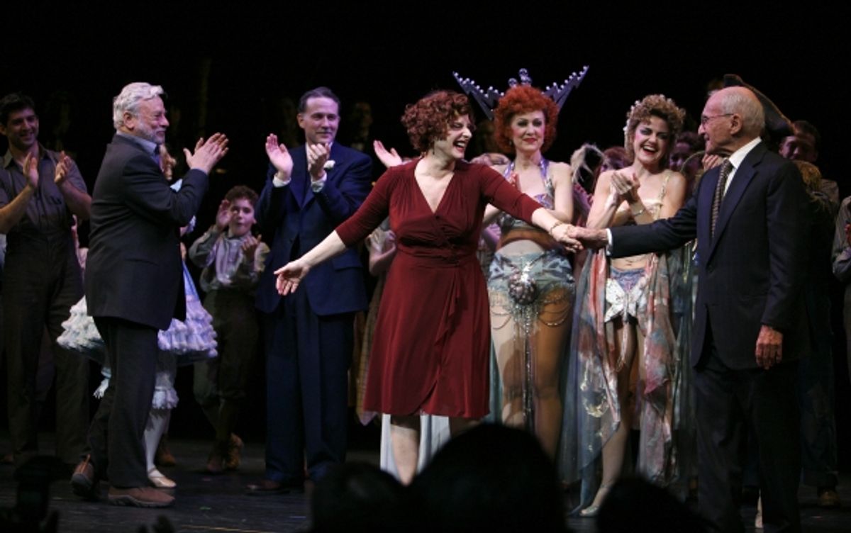Stephen Sondheim & Boyd Gaines & Patti Lupone & Laura Benanti & Arthur Laurents during the Broadway Opening Night Performance Curtain Call for GYPSY at the St. James Theatre in New York City.  at 