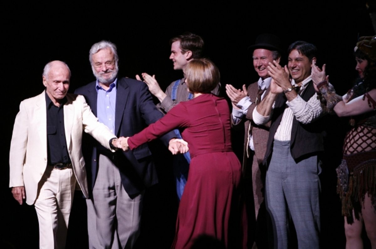 Arthur Laurents & Stephen Sondheim with Patti Lupone & the cast at the Opening Night Curtain Call for the Summer Stars -  Encores! 'Gypsy' Opening Night at City Center at NY City Center in New York City. at 