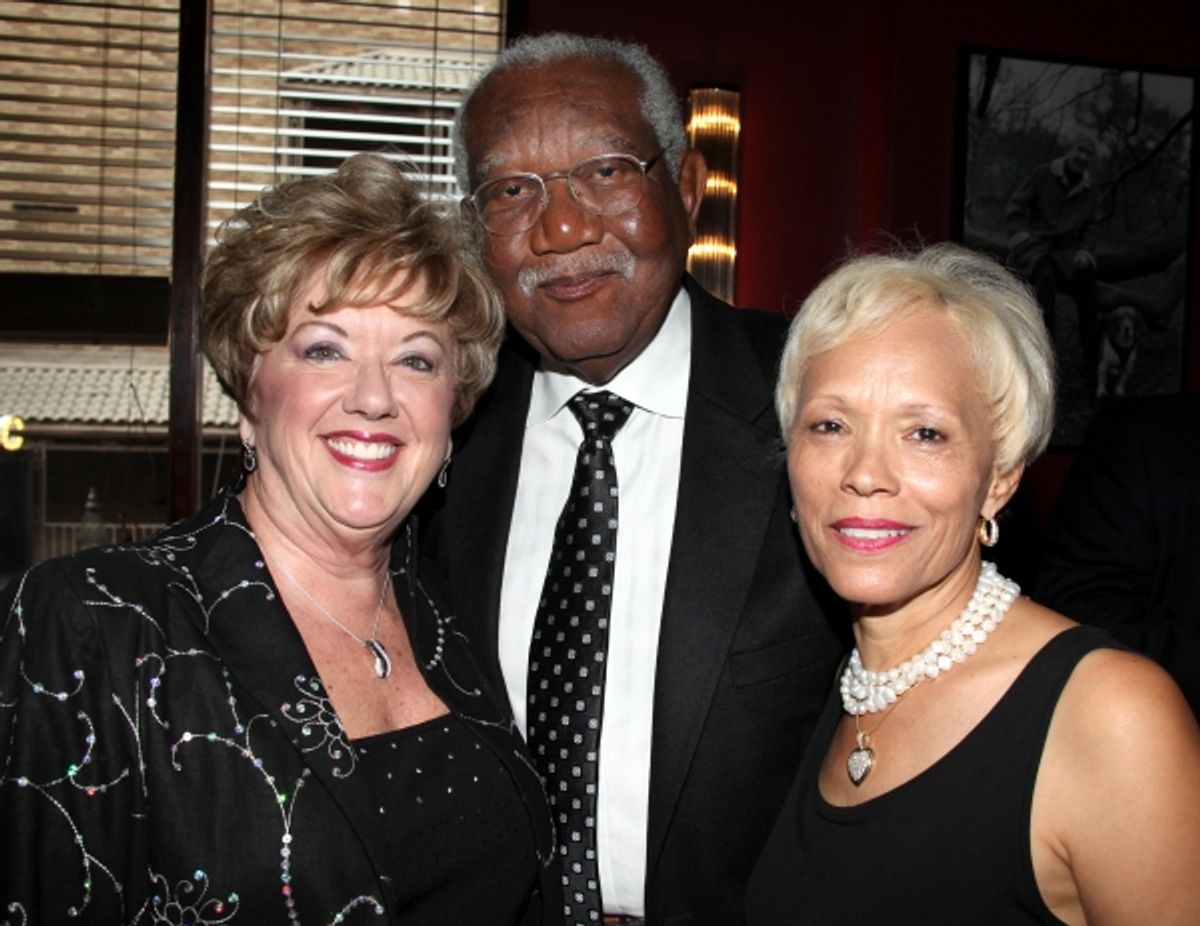 Michele Dedeaux Engemann with Bill & Brenda Galloway attending the Pasadena Playhouse Pre-Broadway Opening Night Reception for 'Baby It's You!' at Angus Restaurant in New York City. at 