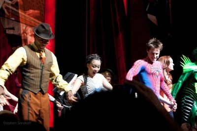 T.V. Carpio, Reeve Carney, Jennifer Damiano and Spider-Man Ensemble Photo