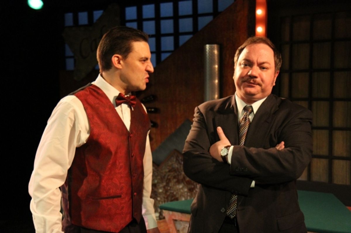 Duke (Joseph Stearns), Garret (Aaron Snook), Lloyd (Vincent L. Lonergan), Jack (Jon Steinhagen), and Pete (Philip Winston) sit at a coffee shop and discuss their predicament at 