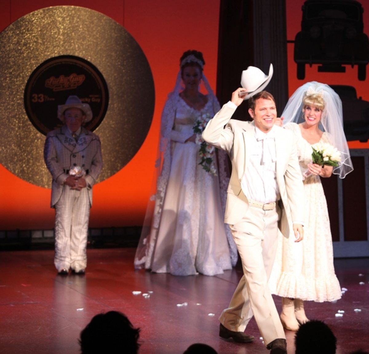 Jim Newman & Jenn Colella during the Opening Night Curtain Call for 'Lucky Guy' at the Little Shubert Theatre in New York City.  at 