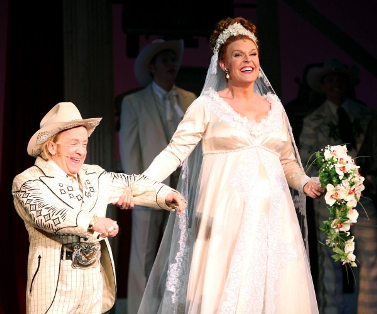 Leslie Jordan & Varla Jean Merman during the Opening Night Curtain Call for 'Lucky Guy' at the Little Shubert Theatre in New York City.  at 