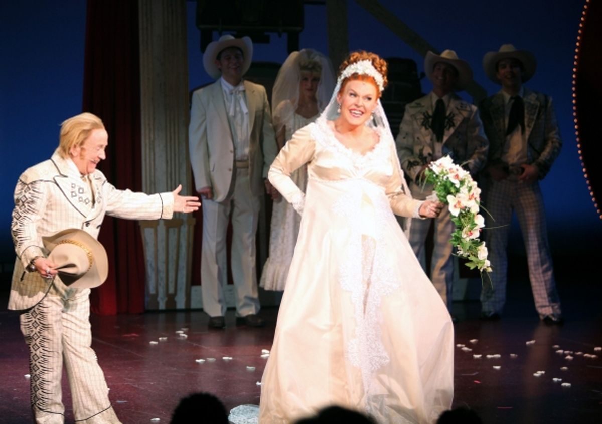 Leslie Jordan & Varla Jean Merman during the Opening Night Curtain Call for 'Lucky Guy' at the Little Shubert Theatre in New York City.  at 