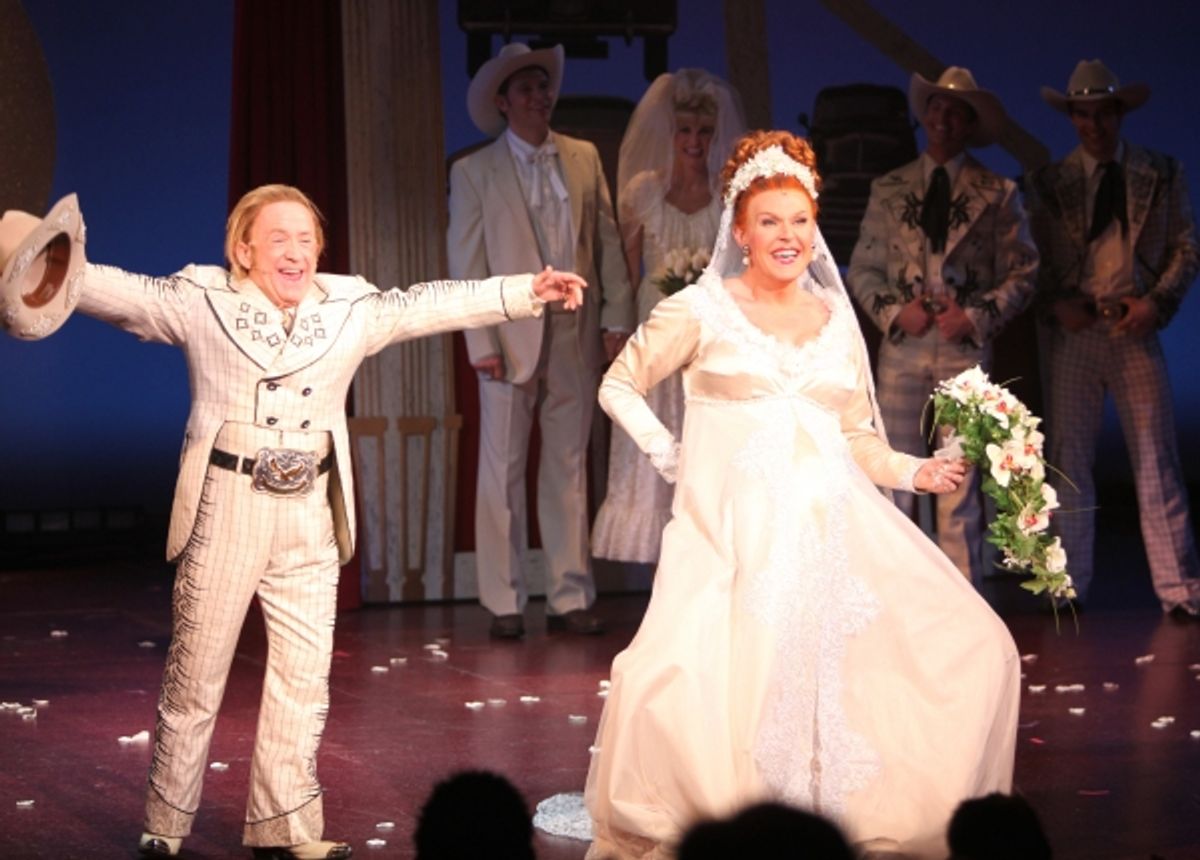 Leslie Jordan & Varla Jean Merman during the Opening Night Curtain Call for 'Lucky Guy' at the Little Shubert Theatre in New York City.  at 