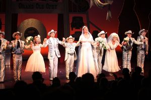 Leslie Jordan & Varla Jean Merman with Ensemble during the Opening Night Curtain Call Photo