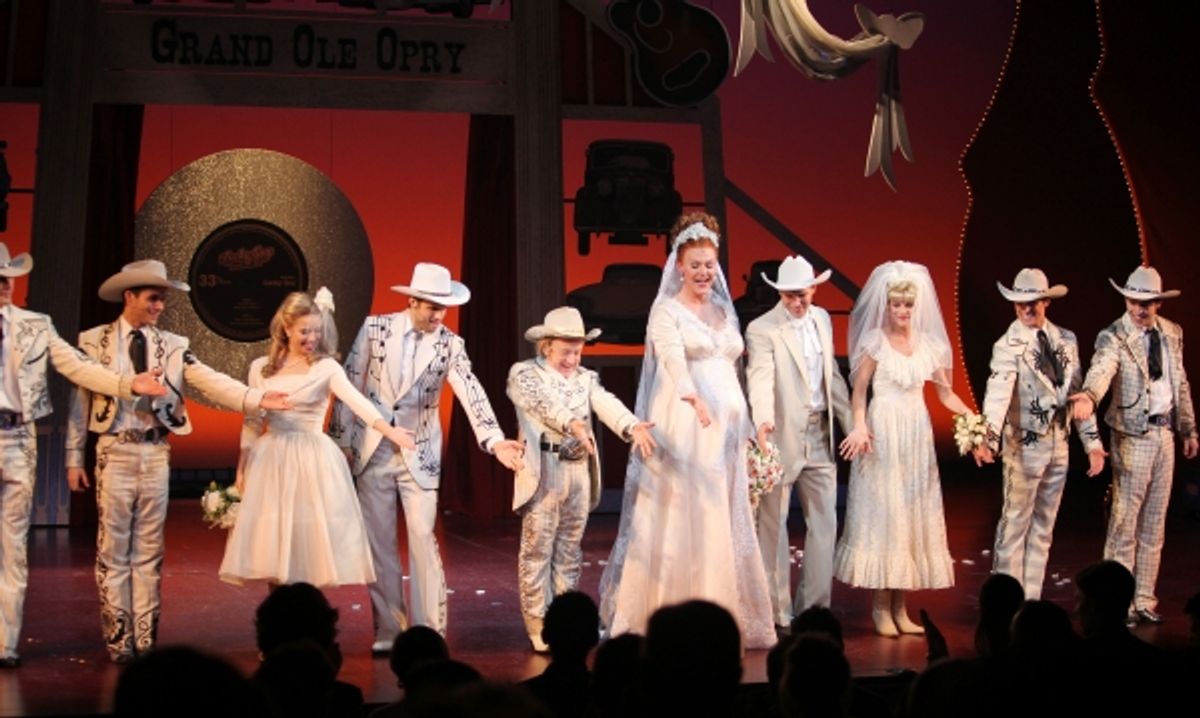 Leslie Jordan & Varla Jean Merman with Ensemble during the Opening Night Curtain Call for 'Lucky Guy' at the Little Shubert Theatre in New York City.  at 