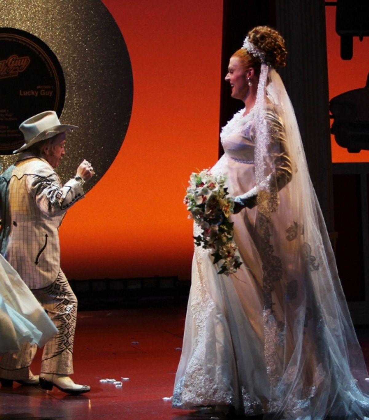 Leslie Jordan & Varla Jean Merman with Ensemble during the Opening Night Curtain Call for 'Lucky Guy' at the Little Shubert Theatre in New York City.  at 