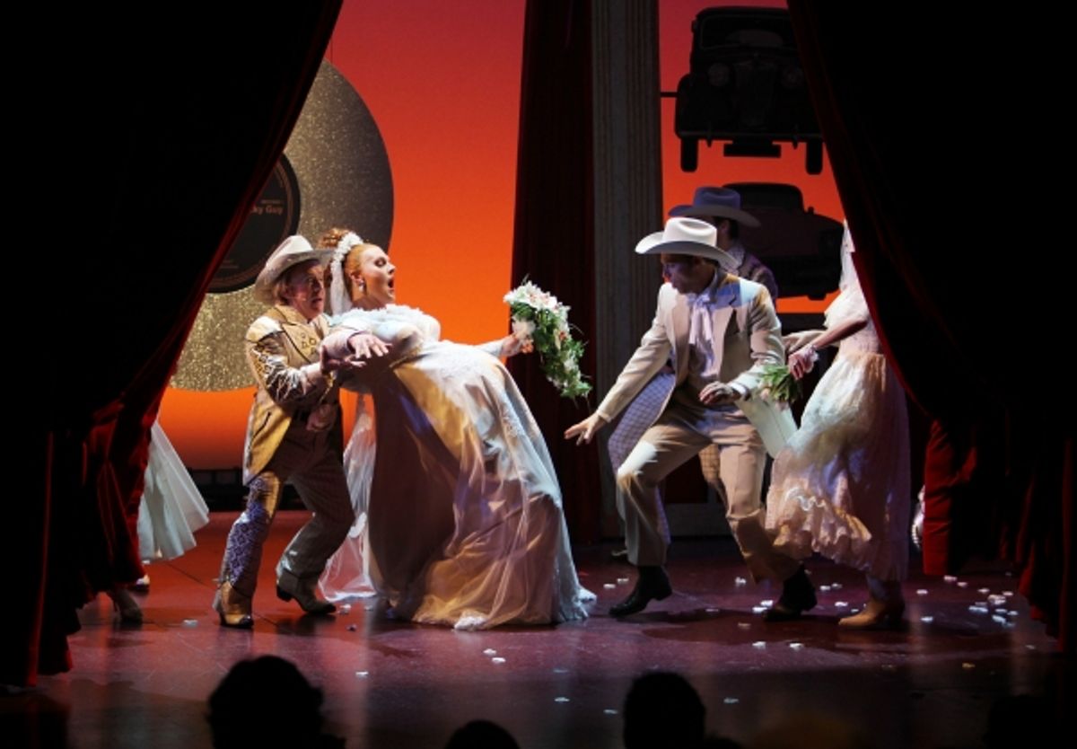 Leslie Jordan & Varla Jean Merman with Ensemble during the Opening Night Curtain Call for 'Lucky Guy' at the Little Shubert Theatre in New York City.  at 
