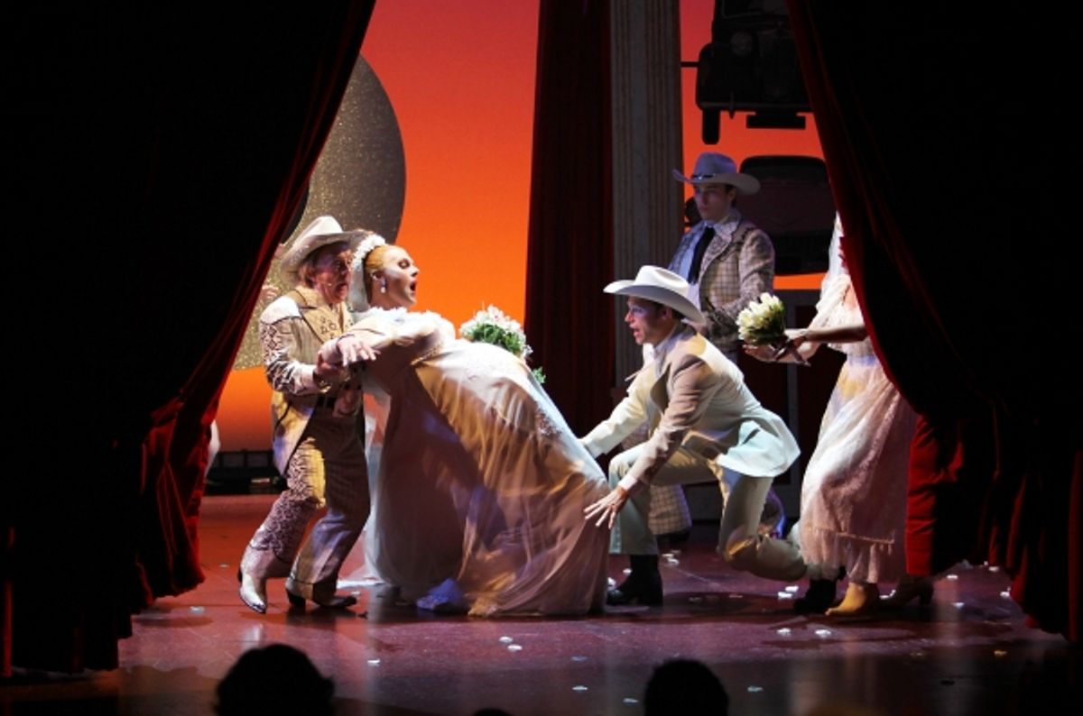 Leslie Jordan & Varla Jean Merman with Ensemble during the Opening Night Curtain Call for 'Lucky Guy' at the Little Shubert Theatre in New York City.  at 