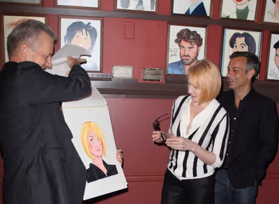 Ellen Barkin & Joe Mantello with Max Klimavicius attends Sardi's unveils Caricatures  Photo