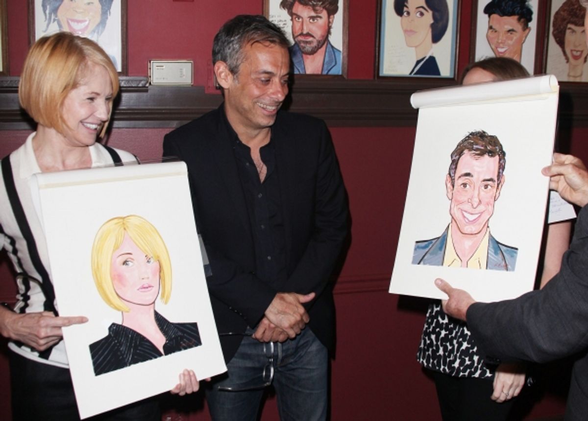 Ellen Barkin & Joe Mantello attends Sardi's unveils Caricatures of 'The Normal Heart' Tony Award Nominees Ellen Barkin, John Benjamin Hickey & Joe Mantello at Sardi's in New York City.  at 