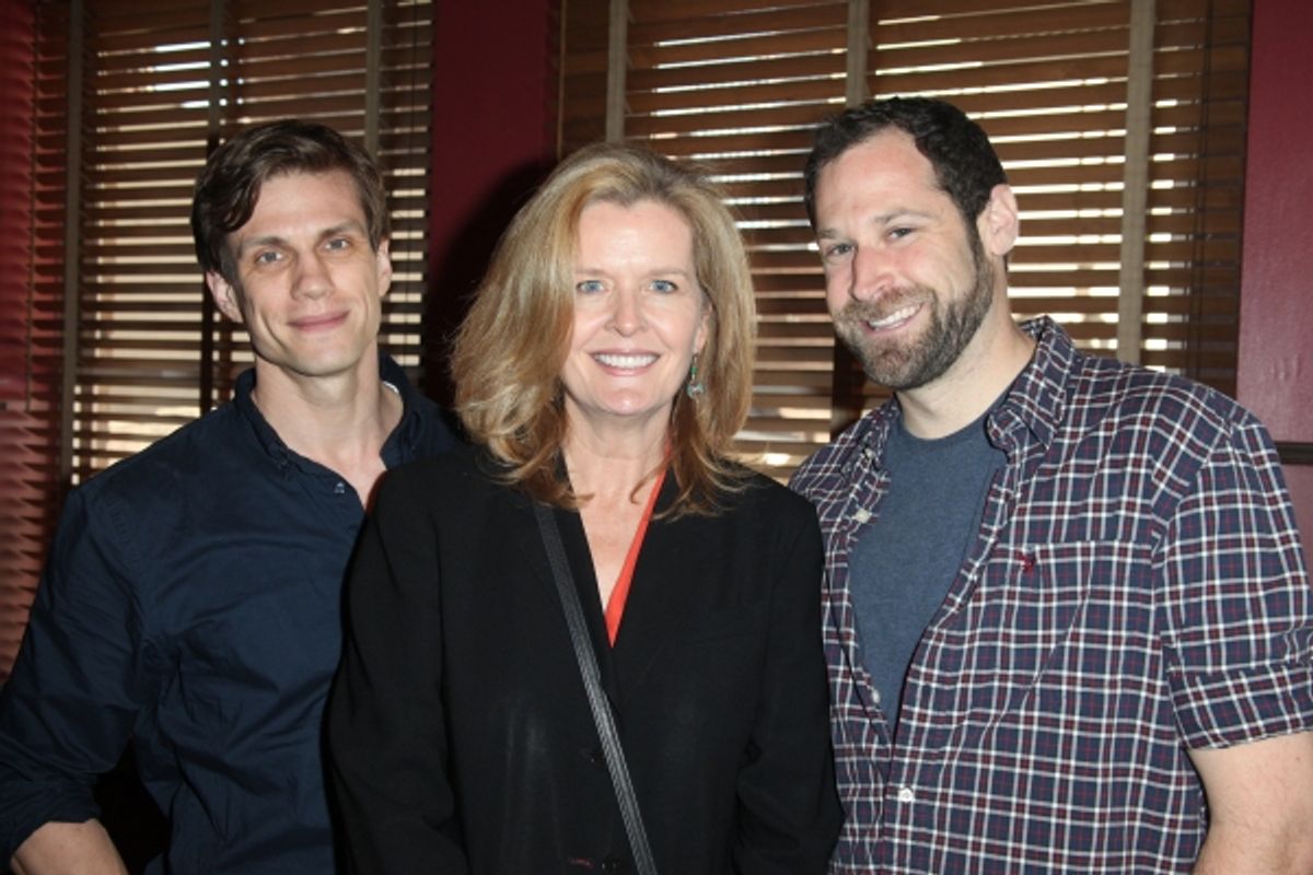 (L-R) Lee Aaron Rosen, Jordan Baker and Jon Levenson attends Sardi's unveils Caricatures of 'The Normal Heart' Tony Award Nominees Ellen Barkin, John Benjamin Hickey & Joe Mantello at Sardi's in New York City.  at 