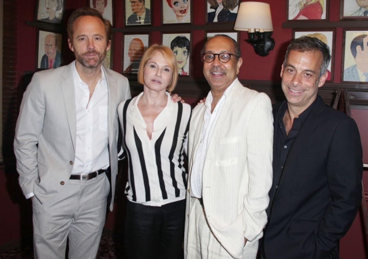 Sardi's unveils Caricatures of 'The Normal Heart' Tony Award Nominees Ellen Barkin, John Benjamin Hickey & Joe Mantello with Director George C. Wolfe at Sardi's in New York City.  at 