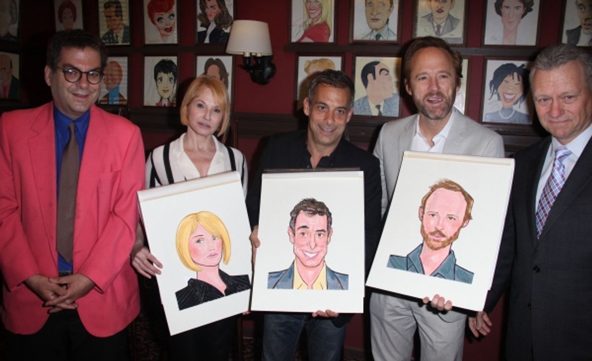 Michael Musto hosts Sardi's unveils Caricatures of 'The Normal Heart' Tony Award Nominees Ellen Barkin, John Benjamin Hickey & Joe Mantello with Max Klimavicius at Sardi's in New York City.  at 