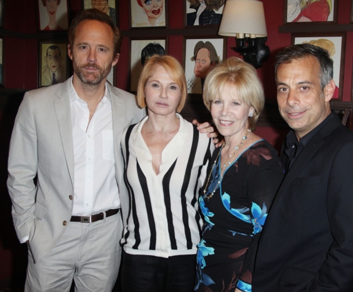 Sardi's unveils Caricatures of 'The Normal Heart' Tony Award Nominees Ellen Barkin, John Benjamin Hickey & Joe Mantello with Producer Daryl Roth at Sardi's in New York City.  at 