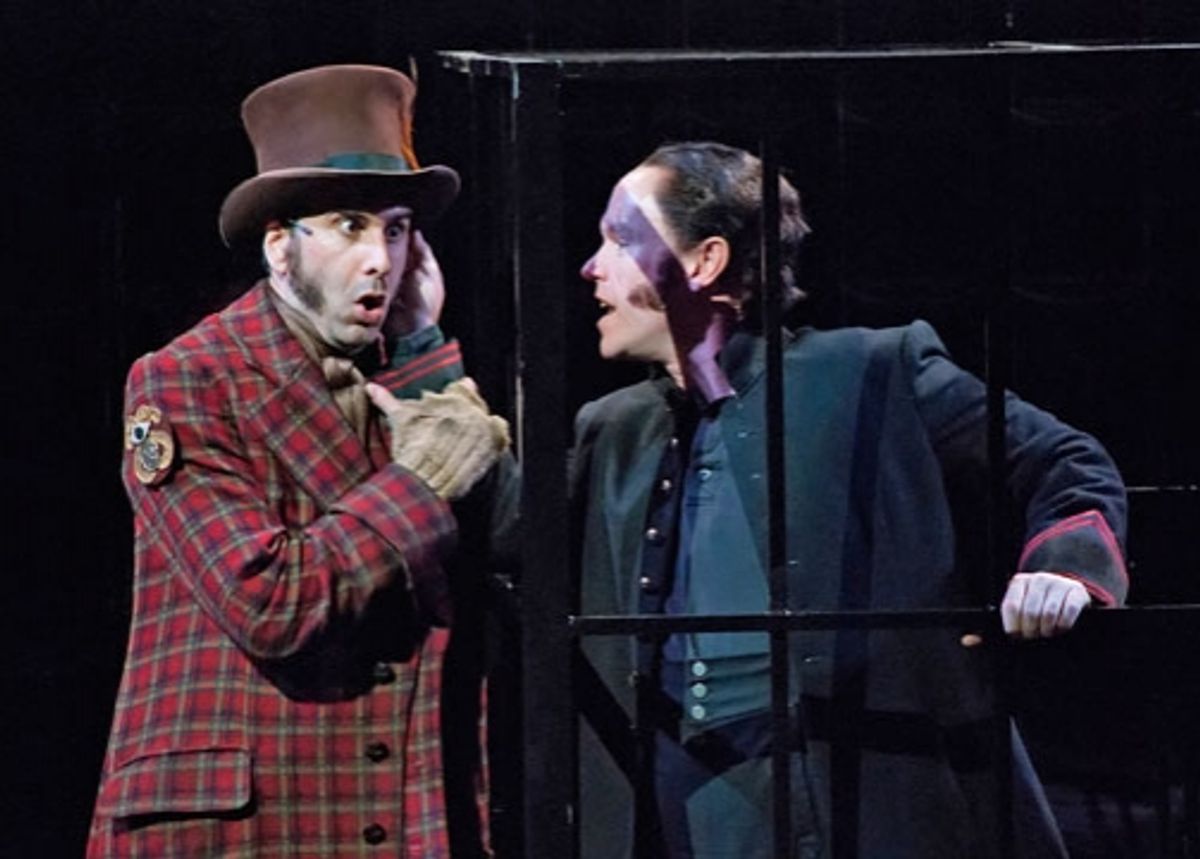 John Cariani as Dogberry and Michael Stewart Allen as Borachio in The Old Globe's Shakespeare Festival production of William Shakespeare's Much Ado About Nothing, directed by Ron Daniels, May 29 - Sept. 24, 2011 in the Lowell Davies Festival Theatre. Phot at 