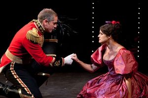 Jonno Roberts as Benedick and Georgia Hatzis as Beatrice in The Old Globe's Shakespea Photo