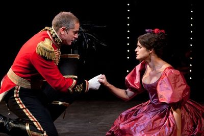 Jonno Roberts as Benedick and Georgia Hatzis as Beatrice in The Old Globe's Shakespea Photo