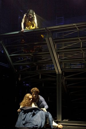 Chilina Kennedy looks upon Paul Nolan and Josh Young
 Photo