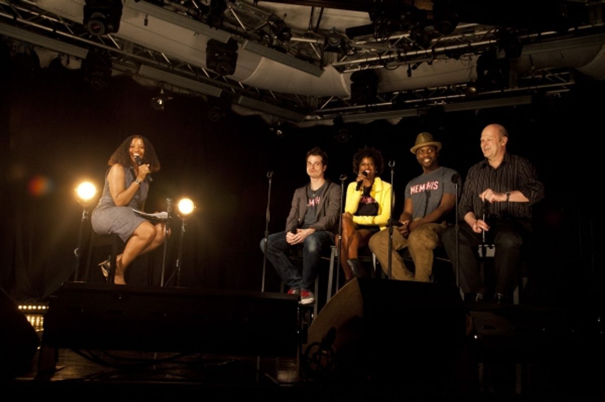 106.7 Lite FM's Juliet Little hosts a Q&A with Memphis stars Bryan Fenkart, Dan'yelle Williamson, Rhett George and Memphis producer Randy Adams at the 2011 Broadway in Bryant Park Kickoff Event Presented by 106.7 Lite FM
 at 