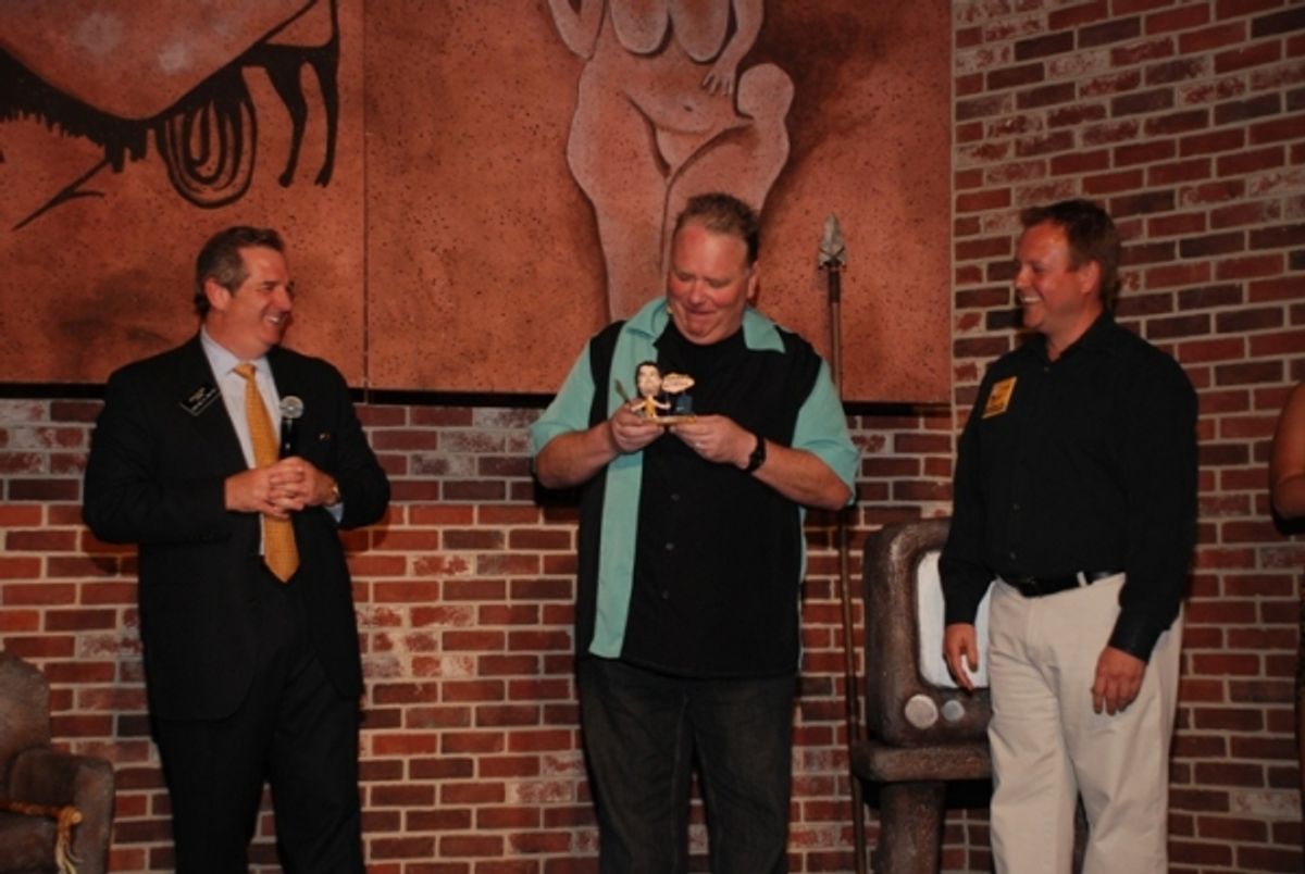 HarrahÃ¢â‚¬â„¢s President Rick Mazer, Caveman star Kevin Burke, and Caveman producer John Bentham at 