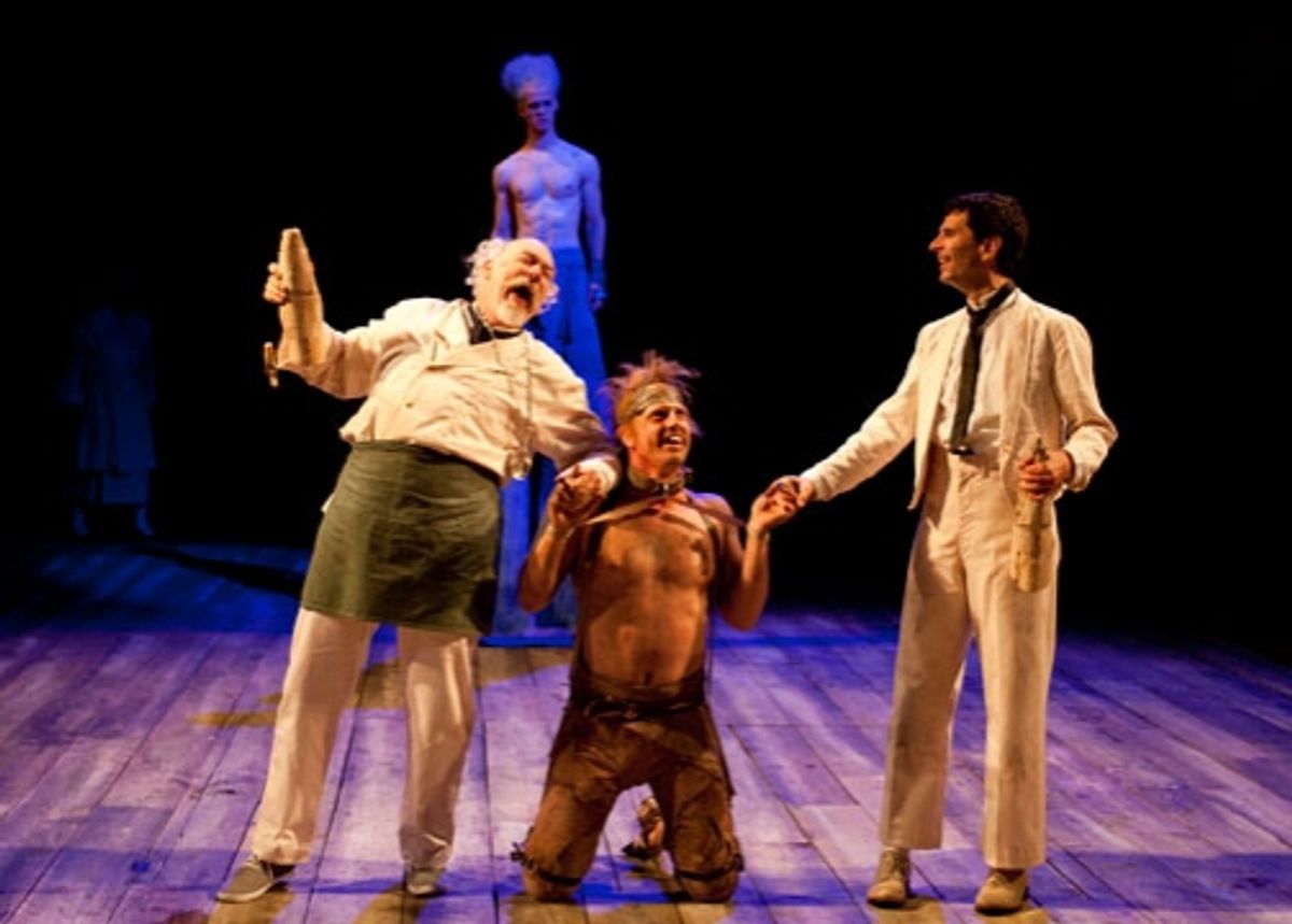 (from left) Adrian Sparks as Stephano, Ben Diskant as Ariel, Jonno Roberts as Caliban and John Cariani as Trinculo in The Tempest by William Shakespeare, directed by Adrian Noble, at The Old Globe June 5 - Sept. 25, 2011.  Photo by Henry DiRocco. at 