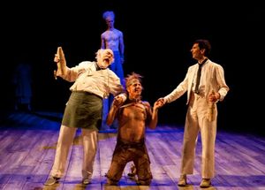 (from left) Adrian Sparks as Stephano, Ben Diskant as Ariel, Jonno Roberts as Caliban Photo