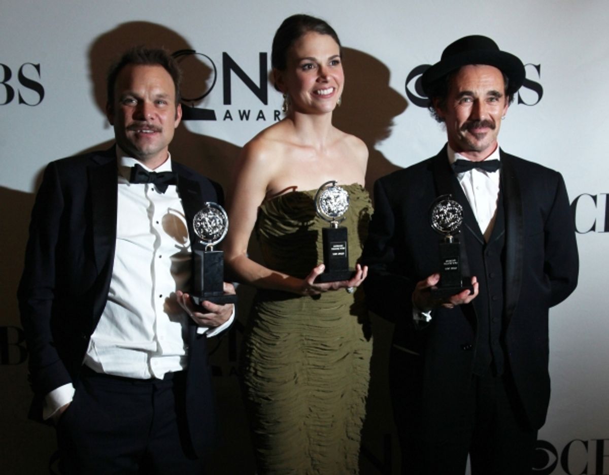 Norbert Leo Butz, Sutton Foster & Mark Rylance in the Press Room at The 65th Annual Tony Awards in New York City.  at 