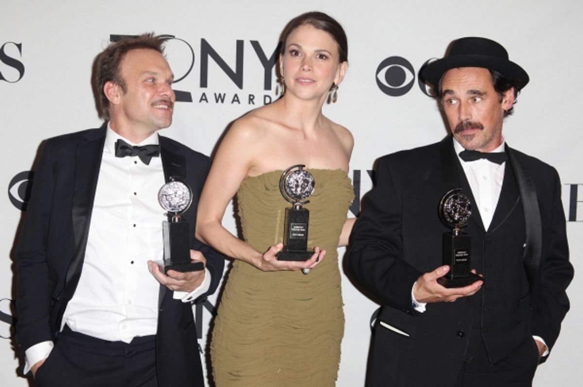 Norbert Leo Butz, Sutton Foster & Mark Rylance in the Press Room at The 65th Annual Tony Awards in New York City.  at 