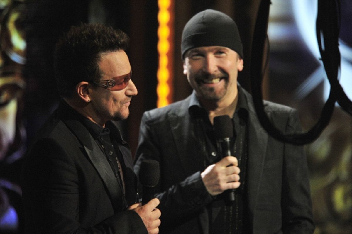 Bono and The Edge of U2 are shown on stage at the 2011 Tony Awards held at the Beacon Theatre in New York on June 12, 2011 at 