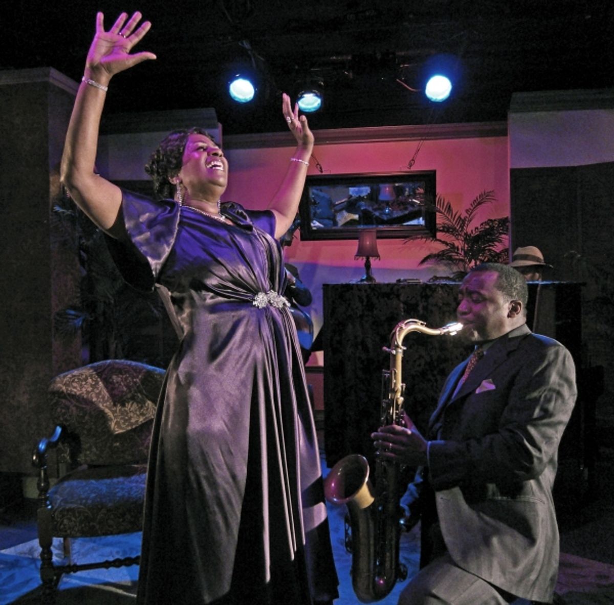 Miche Braden (Bessie Smith), Jim Hankins (bass) (partially seen), Keith Loftis (saxophone). at 