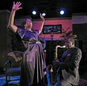 Miche Braden (Bessie Smith), Jim Hankins (bass) (partially seen), Keith Loftis (saxop Photo