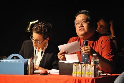 Judge's table - Rona Lisa Peretti (Jessica Sporn) and Douglas Panch (John Villa)
 Photo