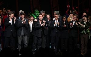 The Edge and Bono with the ensemble company during the ''Spider-Man Turn off the Dark'' Opening Night Curtain Call in New York City. @ BroadwayWorld The Edge and Bono with the ensemble company during the ''Spider-Man Turn off the Dar Photo
