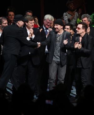 Philip William McKinley (Director) , The Edge and Bono with the ensemble company during the ''Spider-Man Turn off the Dark'' Opening Night Curtain Call in New York City. @ BroadwayWorld Philip William McKinley (Director) , The Edge and Bono with the ensemble company dur Photo