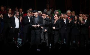 The Edge and Bono with the ensemble company during the ''Spider-Man Turn off the Dark'' Opening Night Curtain Call in New York City. @ BroadwayWorld The Edge and Bono with the ensemble company during the ''Spider-Man Turn off the Dar Photo
