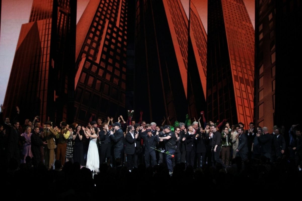 The Edge and Bono  with the ensemble company during the ''Spider-Man Turn off the Dark'' Opening Night Curtain Call in New York City. at SPIDER-MAN: TURN OFF THE DARK Opening Night Curtain Call