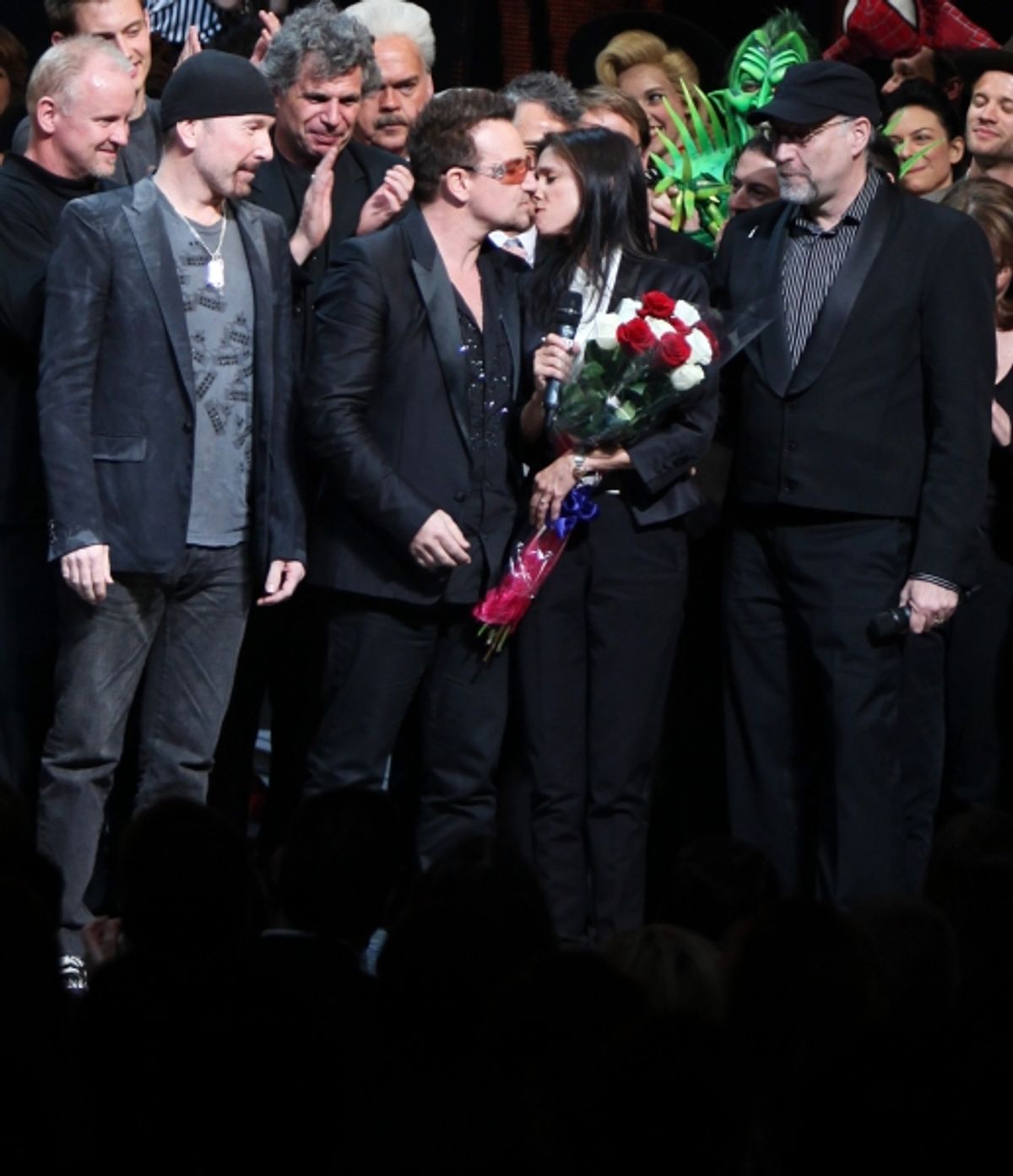 The Edge, Bono, Julie Taymor and Philip William McKinley (Director)  during the ''Spider-Man Turn off the Dark'' Opening Night Curtain Call in New York City.  at 