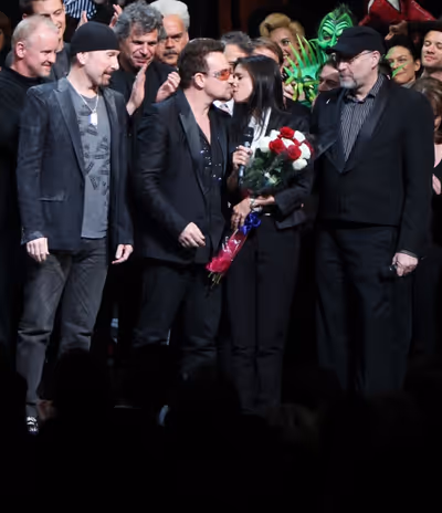 The Edge, Bono, Julie Taymor and Philip William McKinley (Director)  during the ''Spi Photo